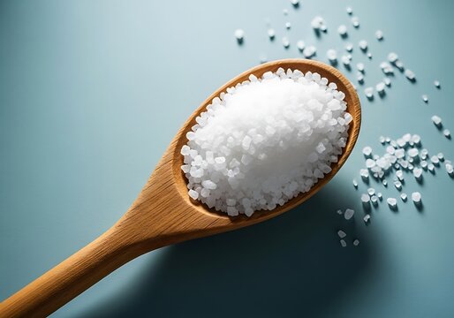 Coarse sea salt crystals piled on a wooden spoon - Powered by Adobe