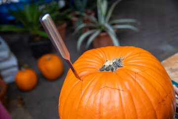 Einen Kürbis zu Halloween oben mit einem scharfen Messer aufschneiden