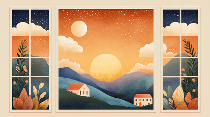 Obraz premium View from an open window of a house in a stylized landscape