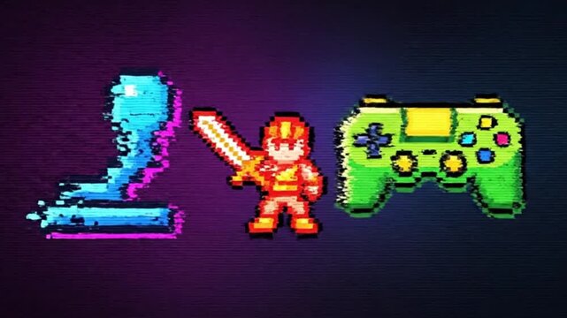 Retro gaming joystick in neon pixel art against a glowing blue and purple background for a nostalgic tech feel, perfect for 80s style designs