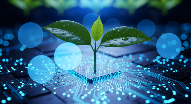 Sustainable technology with vibrant green leaves sprouting from computer chip