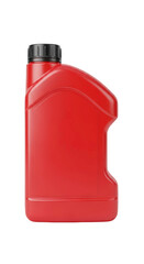 Obraz premium Red plastic container for motor oil, transparent PNG background, necessary automotive liquid supply.