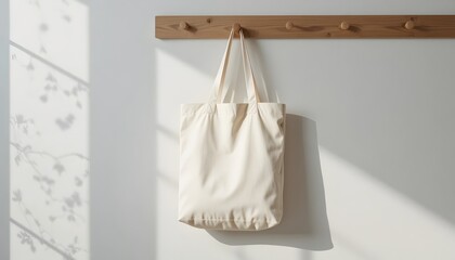 Sustainable living concept featuring a reusable tote bag hanging on a wooden rack in a sunlit room, promoting eco-friendly choices and conscious consumerism