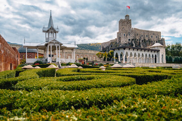 View on the gazebo, gallery and main fortress and garden of Akhaltsikhe castle complex in Georgia