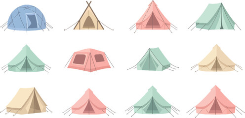 Colorful Camping Tents Set in Various Styles and Colors for Outdoor Activities