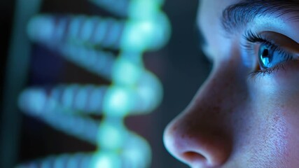 A girl with clear blue eyes observes a glowing model of DNA structure in a laboratory, highlighting her fascination with science and genetics during the evening. - Powered by Adobe