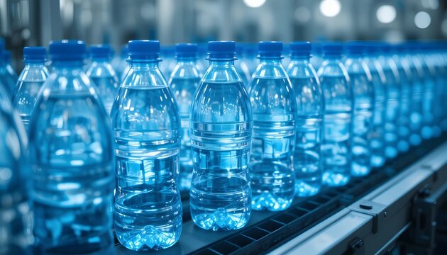 Clean bottled water moving on a conveyor belt ready for distribution and sale, promoting hydration and healthy living for an active lifestyle.