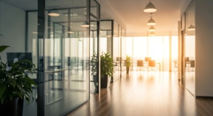 Modern office hallway bathed in warm sunset light with glass walls