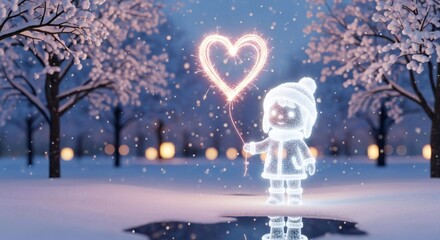 Obraz premium Enchanting Light Child Figure Holding Glowing Heart Balloon Snowscape