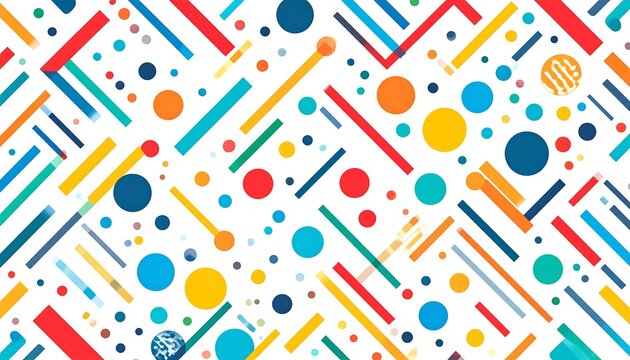 A vibrant geometric pattern featuring colorful stripes, circles, and dots against a white background. Creates an abstract, playful design