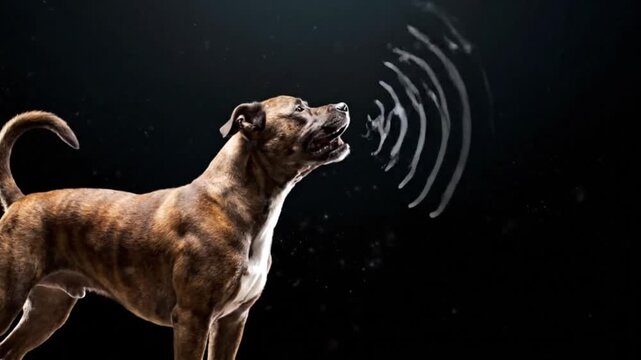 Alert dog barking loudly with sound waves on black backdrop, showcasing pet communication and animal behavior in a dynamic brindle canine scene