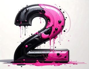 A vibrant, glossy digit "2" rendered in black and pink with dripping paint effects and floating spheres, set against a white backdrop