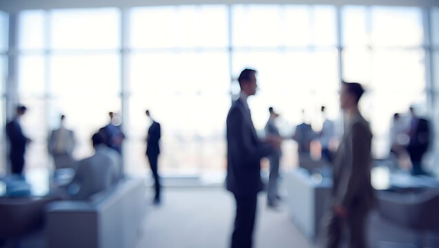 Blurred business professionals in a modern office lobby with large windows