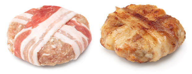 raw burger meat with bacon with grilled burger meat with bacon isolated on white background. clipping path