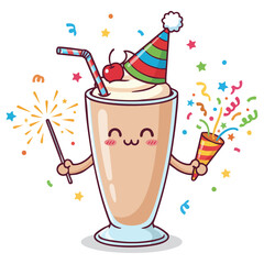 Party shake. Celebration milkshake. Birthday blast smoothie. Joyful jolt. Confetti cooler. Milkshake mascot vector illustration. Whip It good, happy hour treat