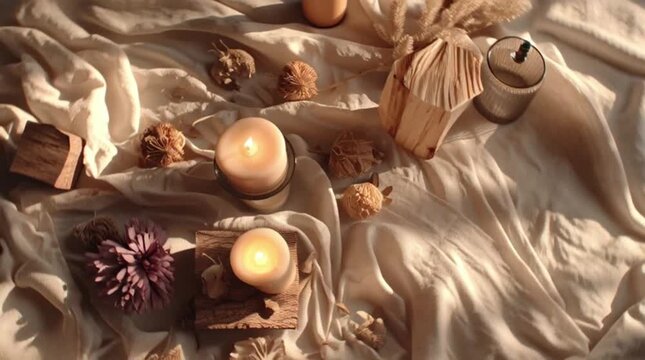 Rustic Boho Candle 3D Animation, Cinematic Top View, Warm Light Drifting On Linen, Seamless Loop Spa Motion