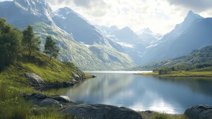 Lush greenery surrounds a peaceful lake reflecting towering mountains under a bright sky. The calm water enhances the beauty, inviting tranquility and nature appreciation.