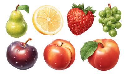 Fresh Fruit Illustration with Pear, Lemon, Strawberry, Grapes, and Apples