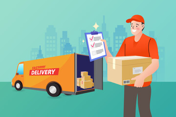 This logistics concept shows reliable cargo distribution. A delivery man checks his order list on a clipboard while holding a box, ensuring accurate shipping service from the loaded truck in the city.
