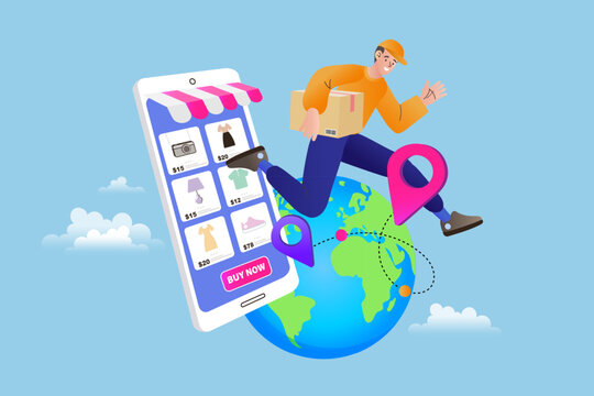 Shop globally with this online store concept. A delivery man carries a box over the world map, connecting the smartphone app purchase to fast international shipping and logistics distribution. - Powered by Adobe