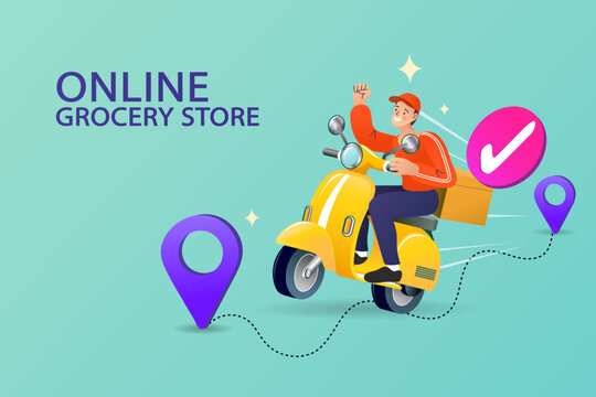 Experience fast service with this online grocery store banner. A happy delivery man rides a yellow scooter along a GPS route, celebrating a successful shipping order with a check mark. - Powered by Adobe