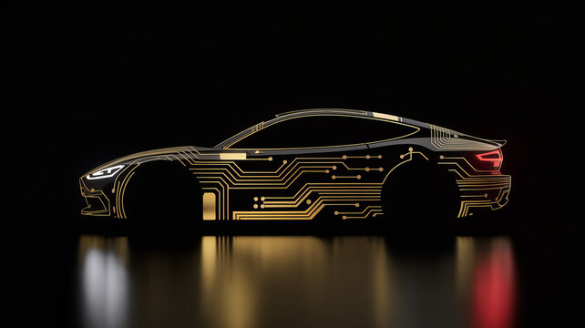 Sleek futuristic electric car design with golden circuit board pattern symbolizes innovation and forward thinking technology for modern transportation solutions