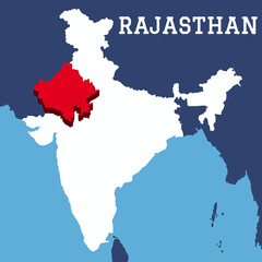 Rajasthan highlighted 3D map on india map with blue background vector illustration