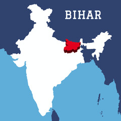 Bihar highlighted 3D map on india map with blue background vector illustration