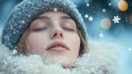 Close up of a beautiful woman with closed eyes and snowflakes on her face, dressed in winter , blowing white powder from the tip of her nose, professional color grading, real skin textures. 