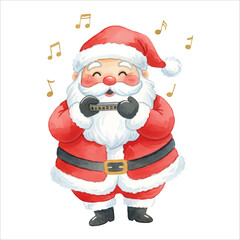 Watercolor Vector Santa Playing Harmonica Christmas Clipart
