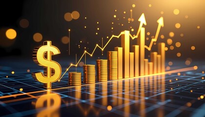 Glowing golden financial charts show upward market growth with digital wealth assets