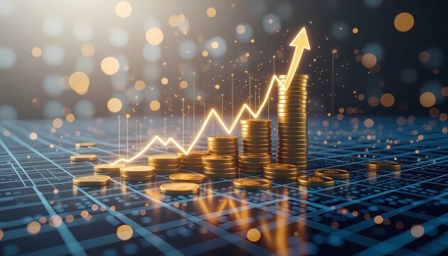 Golden coins are stacked to form a chart, with a bright line graph and an upward pointing arrow symbolizing successful investing and high profit in the modern economy