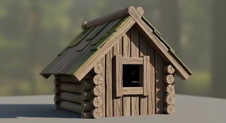 Detailed rustic wooden miniature log cabin house with a moss-covered shingle roof and open window against a blurred green forest backdrop