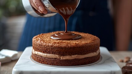 pouring chocolate glaze on layered cake