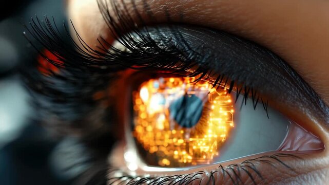 An eye captures a vivid reflection of intricate circuitry, symbolizing the fusion of technology and humanity. The glowing patterns highlight innovation and digital advancement.
