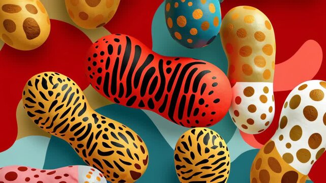 Colorful abstract peanut shape art with playful patterns, vibrant dots, bold stripes, modern design, cheerful and creative mood