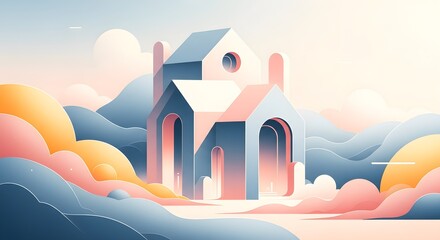 Abstract minimalist architectural landscape with serene geometric houses and pastel layered clouds and organic shapes background