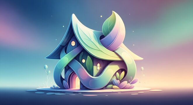 Whimsical abstract house crafted from intertwining pastel leaves and ribbons, embodying nature's gentle embrace