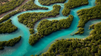 Obraz premium Winding River Through Lush Forest: An aerial panorama captures the mesmerizing dance of a river weaving through a vibrant forest, showcasing the breathtaking beauty of nature's design.