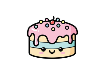 Cute Kawaii Cartoon Cake with Pink Frosting and Sprinkles