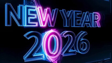 A futuristic holographic display with neon typography "NEW YEAR 2026" in a digital grid background. - Powered by Adobe