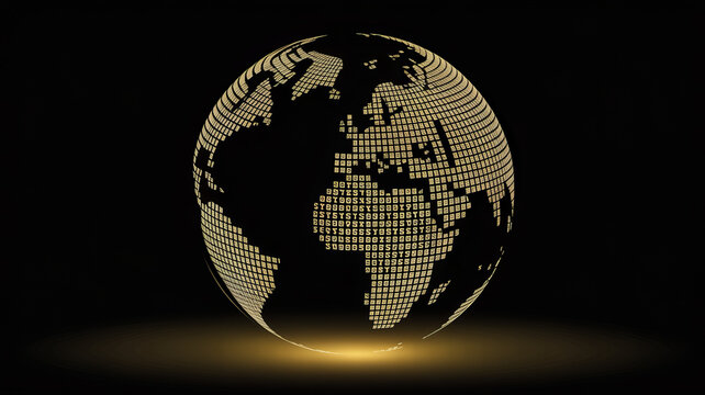 Golden world globe map of data points shines against dark backdrop, illuminating global insights and digital transformation for innovative business strategies