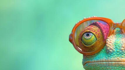 A charming chameleon with vibrant colors and oversized glasses stands confidently against a bright, colorful background, exuding a playful and humorous vibe.