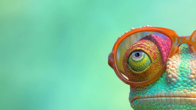 A charming chameleon with vibrant colors and oversized glasses stands confidently against a bright, colorful background, exuding a playful and humorous vibe.