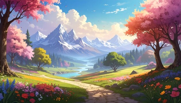 A vibrant springtime landscape with a stone path leading through a field of wildflowers toward snow-capped mountains and a flowing river