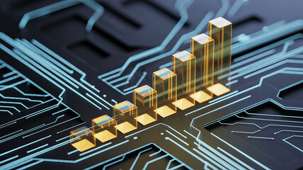 Rising golden bars on circuit board, representing growth and success in technology, finance, or business, conveying a sense of progress and innovation