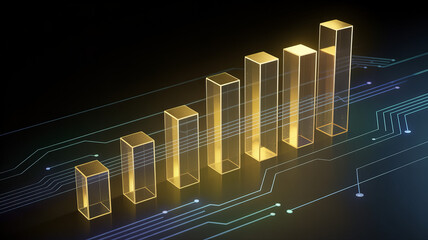 Modern golden bar graph showing growth and upward trends, perfect for financial reports, business presentations, and demonstrating success with technology