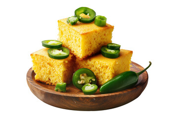 Spicy cornbread squares with fresh jalapeno slices on wooden plate, isolated on white transparent background, concept of rustic homemade food