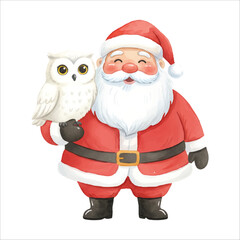 Santa with Owl Watercolor Vector Illustration

