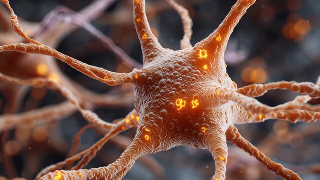 Glowing neuron cell with orange dendrite and brain network closeup, detailed energetic vibrant neural structure, scientific biological dynamic nerve